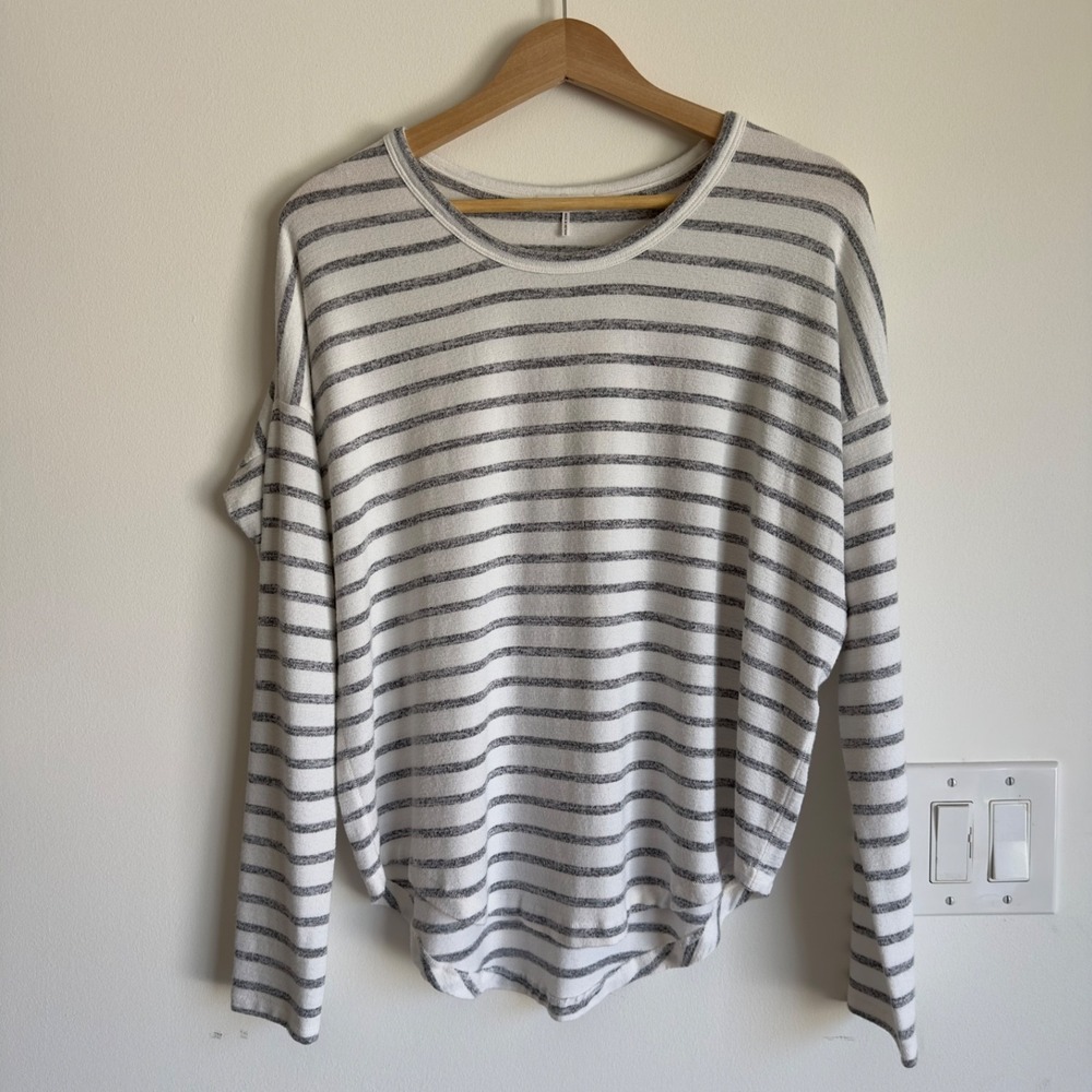 Rag & Bone Hudson Long Sleeve Striped Hi-Lo Tee-Ivory/Dk Grey Combo-Womens Sze M
